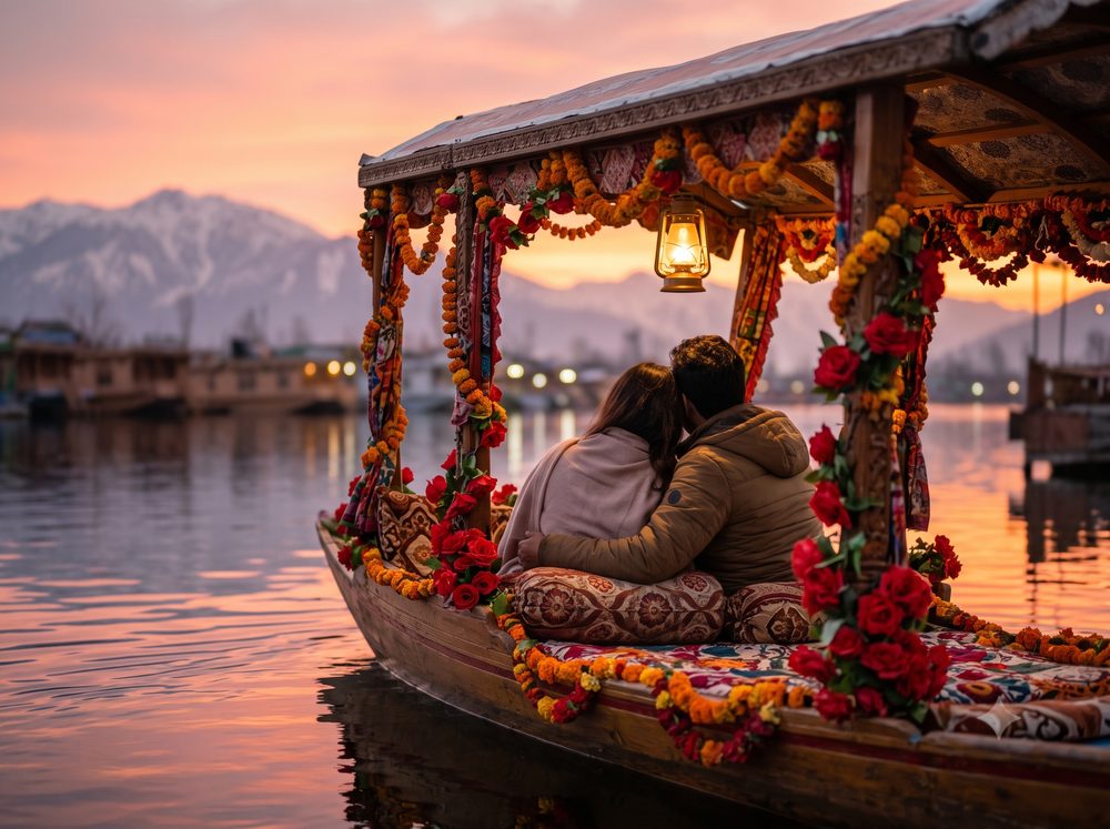 Kashmir honeymoon package from Kerala — romantic shikara ride at sunset on Dal Lake